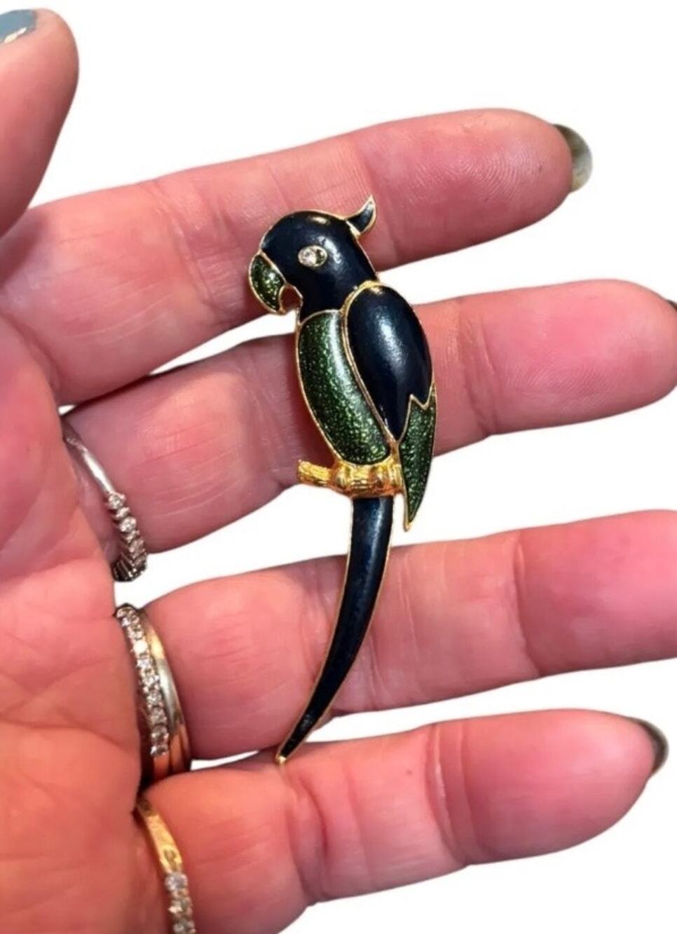 Vintage Enamel Parrot Brooch Blue Green Gold Tone Rhinestone Eye Bird Pin